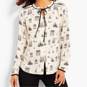 Talbots women’s Paris tie front all over print  Blouse size PM NWT Europe trip